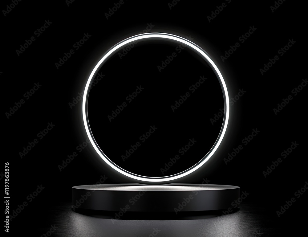 Poster minimalist abstract background with a podium and a glowing ring for product presentation, a black sc