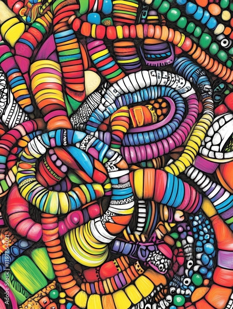 Poster vibrant abstract composition of colorful wormlike shapes and intertwining patterns