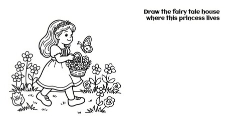 Obraz premium Princess with flower basket in garden coloring page. 
