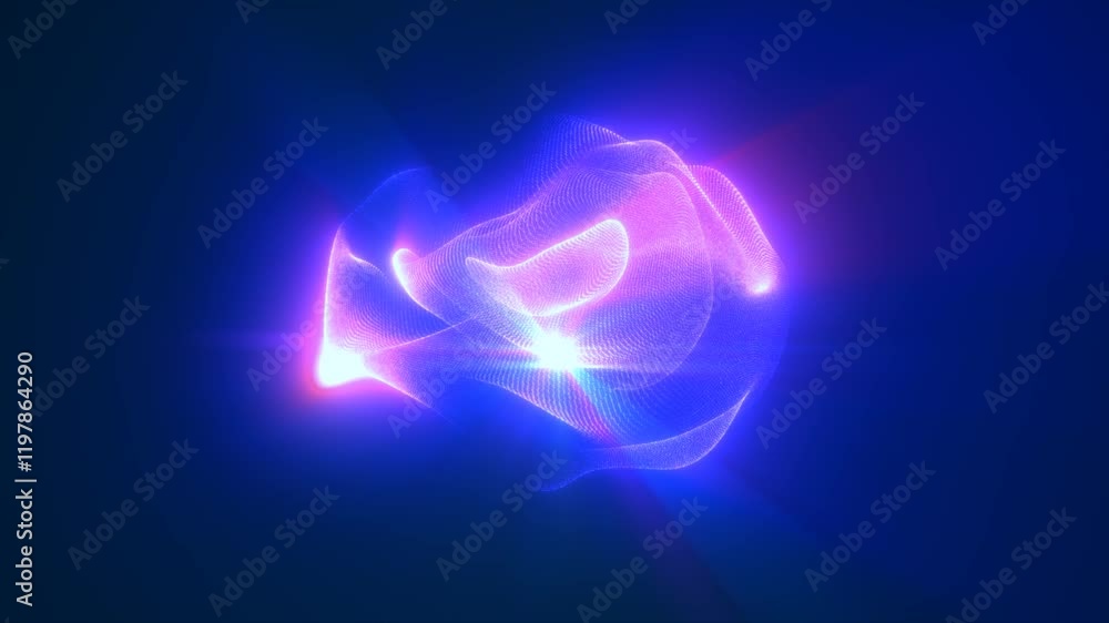 Poster glowing purple particles creating a floating sphere shape with intense light at its core, set agains