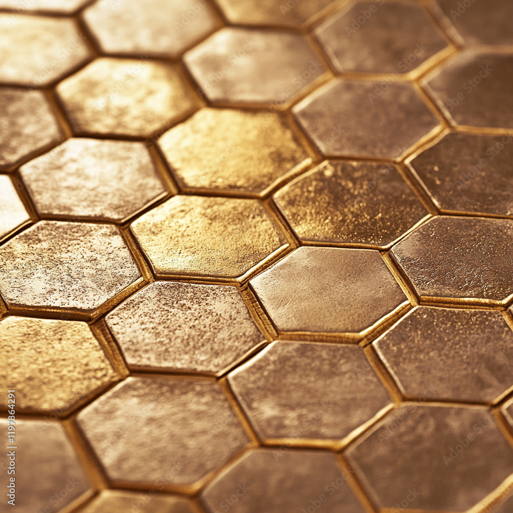 Poster close-up of golden hexagonal tiles with a smooth polished surface