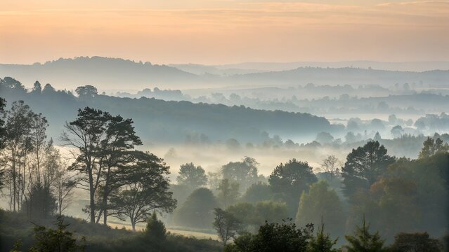 A misty morning landscape with soft, pastel hues. Trees stand tall in a foggy valley, creating a serene and peaceful atmosphere.