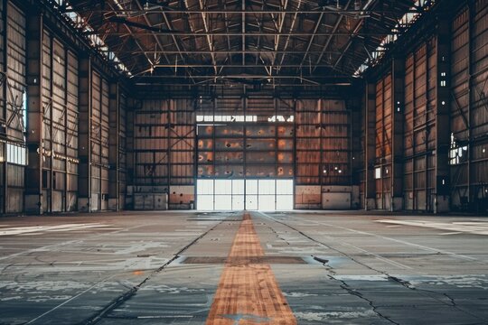 Dark rusted industrial interior of an old hangar building. High definition photo