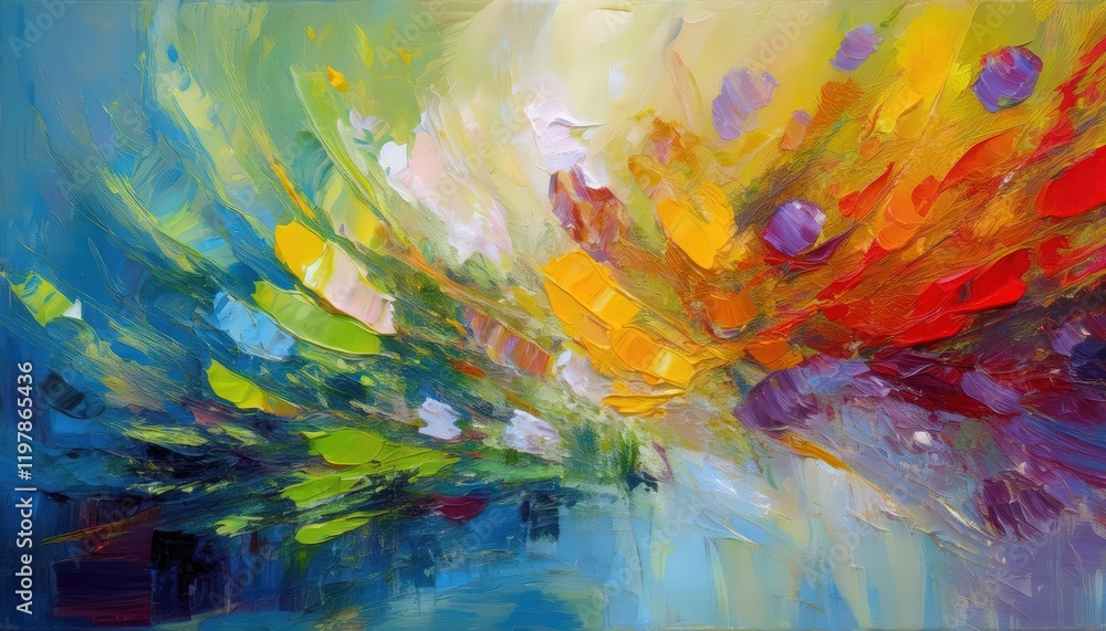 Poster dynamic impasto painting vibrant colors and textures combine in a striking abstract artwork, showcas