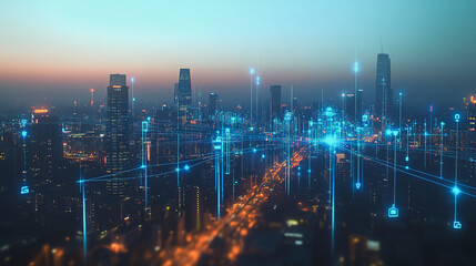 Fototapeta premium Abstract business man stands on the peak of success amid tall, innovative Smart city and graphs with statistics to analyze business potential and predict future developments in company growth.