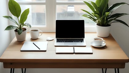 Serene Workspace: Laptop, Plants, and Notepads on a Light Wood Desk