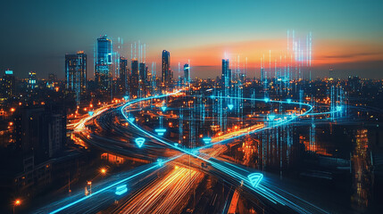 Obraz premium Abstract business man stands on the peak of success amid tall, innovative Smart city and graphs with statistics to analyze business potential and predict future developments in company growth.