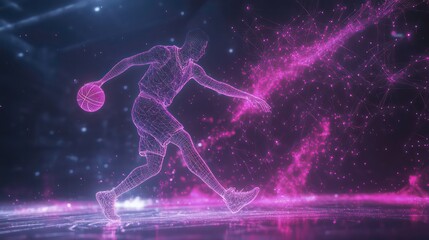 Abstract digital rendering of a basketball player dribbling.