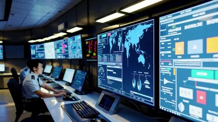 Control Room Operations Footage with Monitors and Analysts at Work
