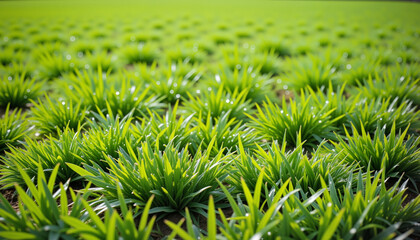 Vibrant green outfield grass with dew under bright sunlight on a baseball field, showcasing freshness