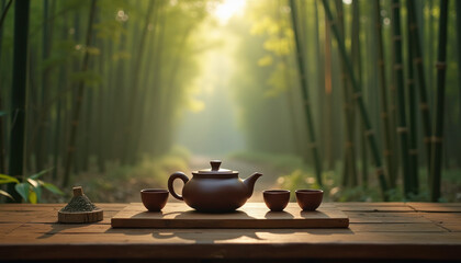 Teapot and tea cups set on wooden table in bamboo forest with soft morning light