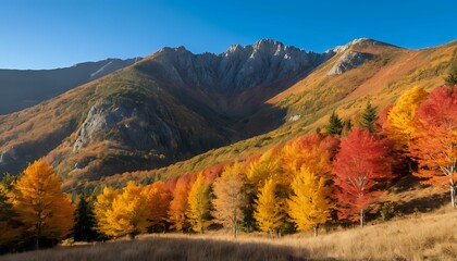 Autumnal Mountain Majesty: Vibrant Yellow and Red Trees Against a Majestic Peak