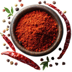 Red spice blend with dried chilis in a wooden bowl surrounded by whole spices isolated on transparent background
