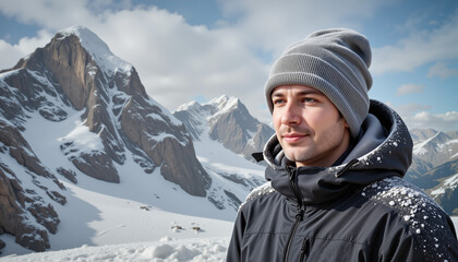 Mountain climber standing at the peak of a snowy landscape with frosty mountains and clouds