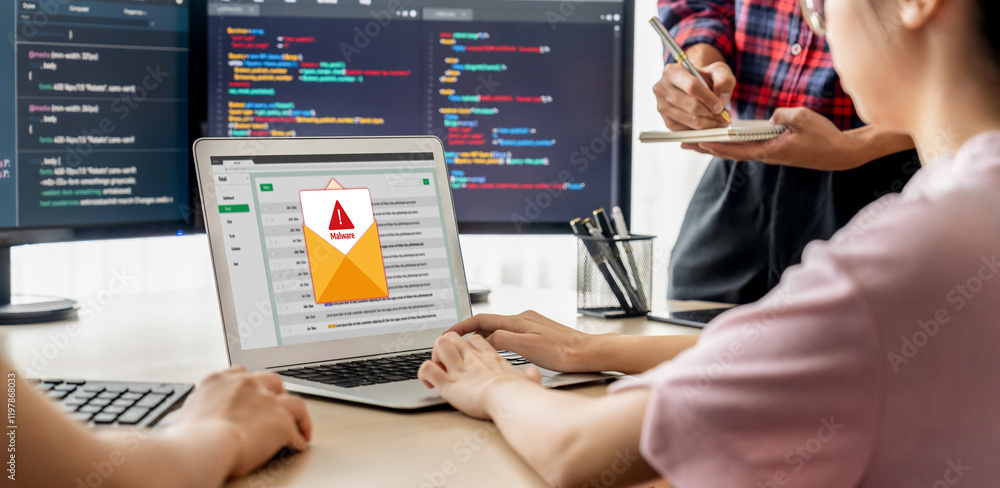 Poster cyber attacking concept. malware alert showing on computer screen display scam and threat detection 