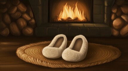 Cozy Winter Scene by Fireplace with Warm Slippers - Digital Painting of a Relaxing Home Interior