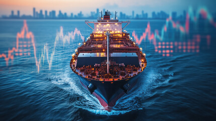 Fototapeta premium A massive oil container ship sailing across the ocean, with a blurred background of global energy market graphs depicting the volatility of oil prices