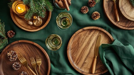 christmas table setting with wooden plates, silverware and candl