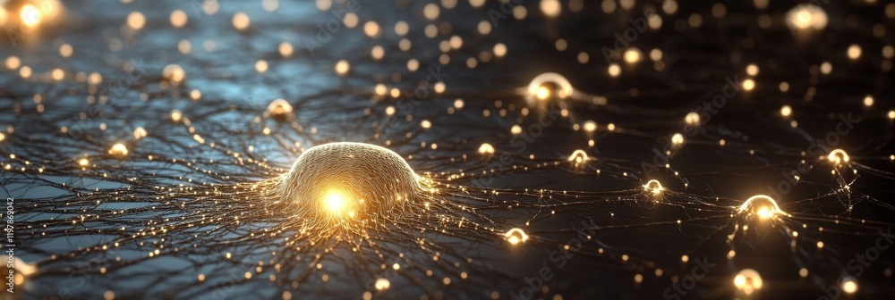 Poster golden network of neurons firing, creating a complex structure in the brain, concept of intelligence