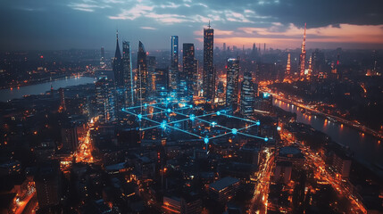 Fototapeta premium Abstract business man stands on the peak of success amid tall, innovative Smart city and graphs with statistics to analyze business potential and predict future developments in company growth.