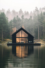 Fototapeta premium Nestled by a tranquil lake, a charming cabin mirrors itself in the still waters, surrounded by mist-covered trees in the soft glow of early morning light