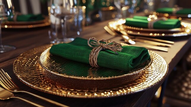 a table setting with gold plates and green napkins