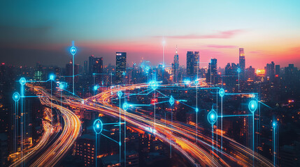 Fototapeta premium abstract, business, team, stands, peak, success, Abstract business man stands on the peak of success amid tall, innovative Smart city and graphs with statistics to analyze business potential and predi