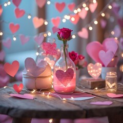 Valentine's Day Still Life: Romantic Decor with Hearts, Roses, and Lights