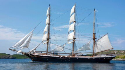 Obraz premium A majestic sailing ship with white sails gliding across calm waters under a blue sky.