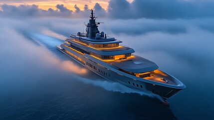 Luxury Yacht Sailing Through Misty Waters at Dawn
