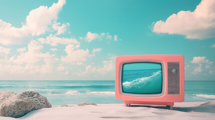 Retro TV on Beach with Ocean Scene Displayed Generated by AI