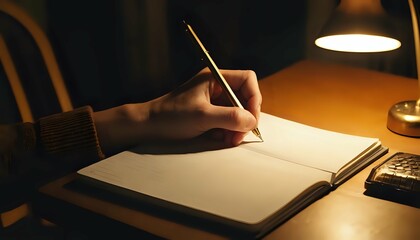 Golden Pen Writes in Notebook: Warm Evening Ambiance