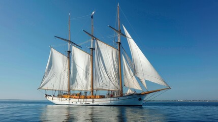 A majestic sailing ship with white sails gliding across calm waters under a clear blue sky.