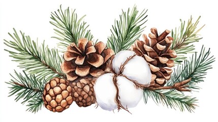 Watercolor painting of pine branches, pine cones, and cotton.