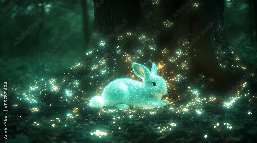 Poster a luminescent rabbit rests beneath a forest tree