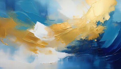 Vibrant Abstract Artwork Blue, White, and Gold Palette Knife Painting Showcasing Textured Strokes and Modernist Aesthetics