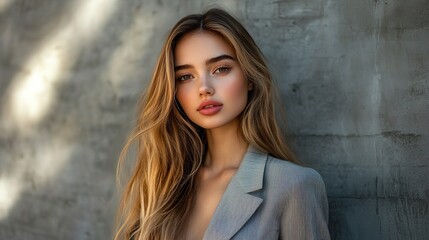 Fototapeta premium pretty businesswoman confident look standing at grungy wall background 