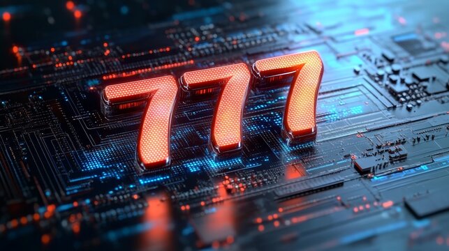 Glowing Digital Number 777 On Futuristic Circuit Board, Concept Of Technology, Luck, And Fortune