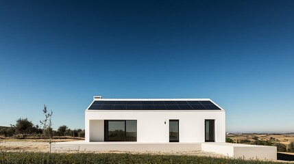 Modern White House with Solar Panels under a Clear Blue Sky
