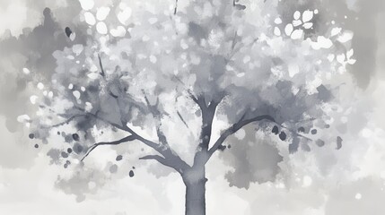 Majestic Monochrome Tree: A Serene Gray Scale Watercolor Painting