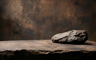 Photo of a flat rock surface on a dark brown background for product display with space above. Web banner with copy space on the right. 