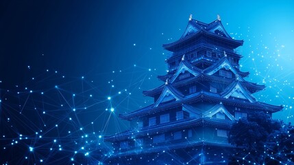 Fototapeta premium Historic Osaka Castle in Japan Intertwined with a Blue Digital Network, Representing Technology.