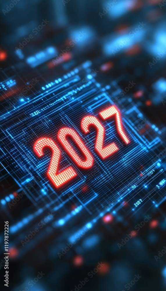 Poster glowing 3d number 2027 on digital abstract background, futuristic technology and innovation concept