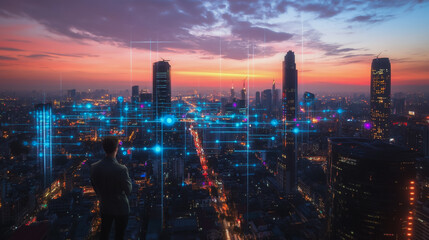 abstract, business, team, stands, peak, success, Abstract business man stands on the peak of success amid tall, innovative Smart city and graphs with statistics to analyze business potential and predi