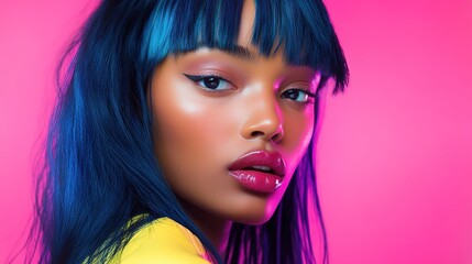 Naklejka premium multiracial black Asian woman , close up woman face portrait, modern fashion style with bright light background with unique makeup 