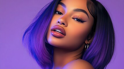 Fototapeta premium black African woman with purple short straight hairstyle , close up woman face portrait, modern fashion style with bright light background with unique makeup 