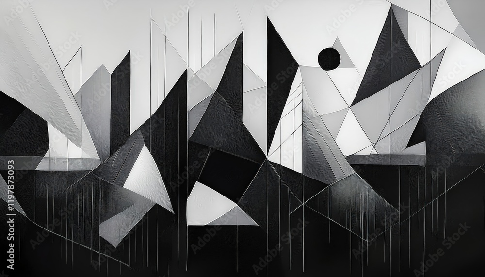 Poster striking black and white geometric artwork, showcasing intricate patterns and abstract forms in a mi