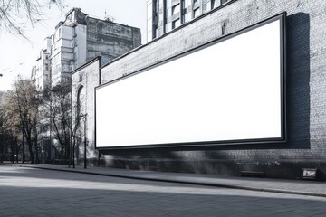 A blank white advertising banner mockup showcased against an urban wall.