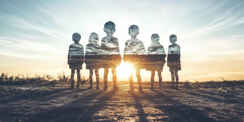 Dreamlike representation of children journeying across borders in a single frame.