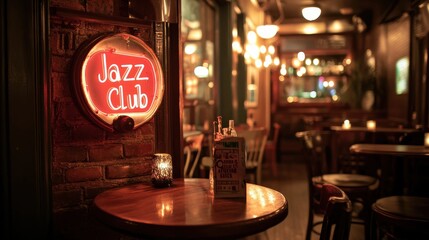 A dimly lit jazz club with a neon sign that reads Jazz Club